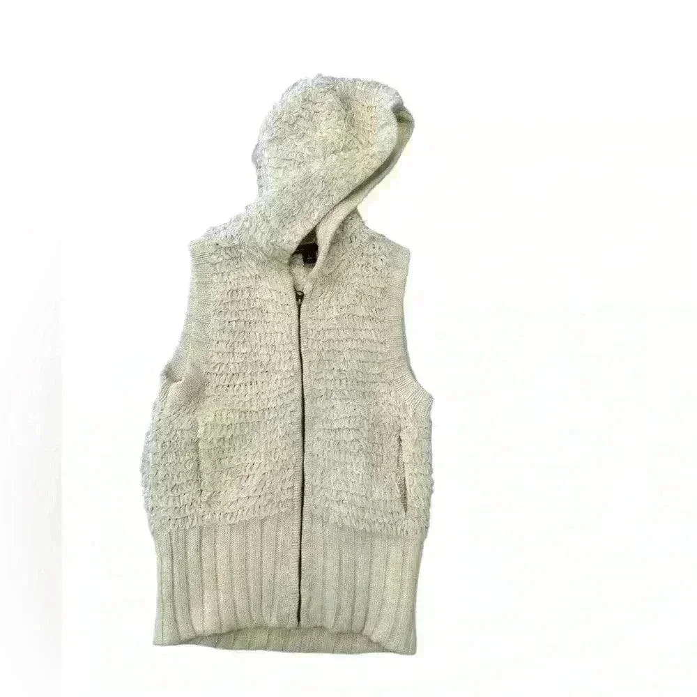 GAP Kids Cream Looped Yarn Fringed Sleeveless Vest Ribbed Trim Hood Zip L